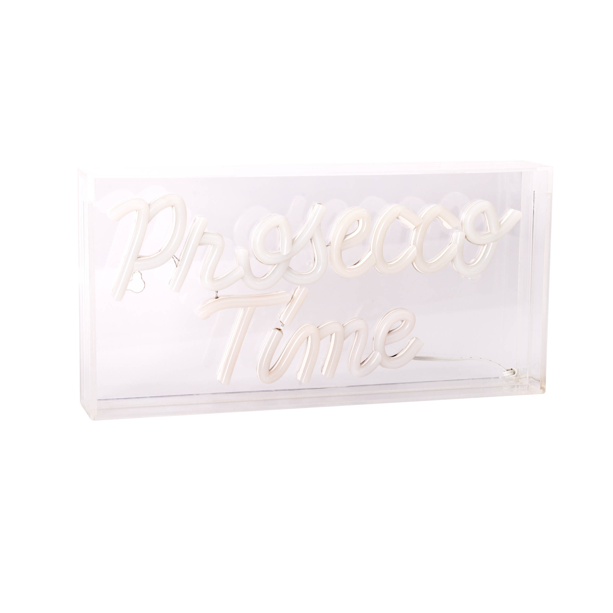Weißes Neon-Schild in einer durchsichtigen Box mit der Aufschrift 'Prosecco Time'.