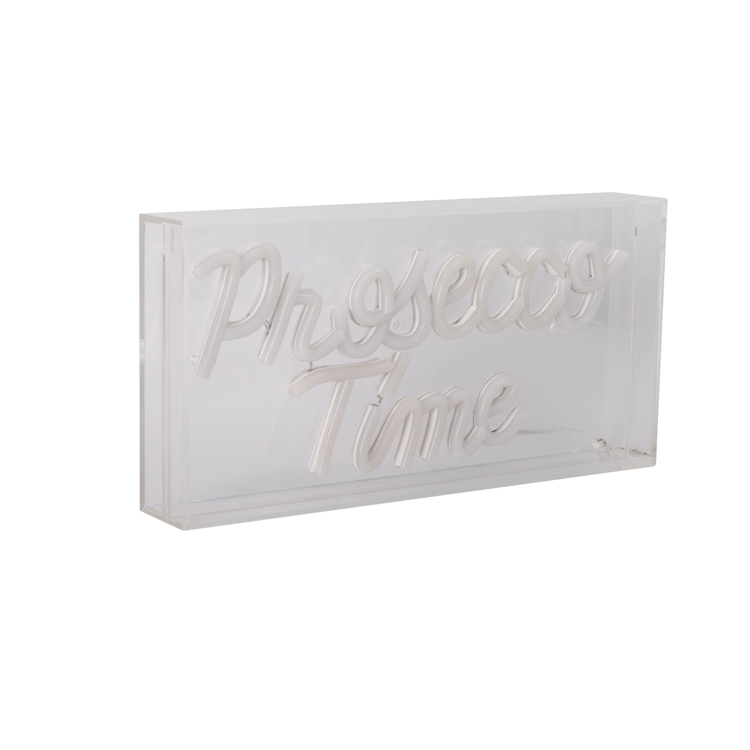 Transparente rechteckige Acrylbox mit den Worten "Prosecco Time" in weißem Neon.