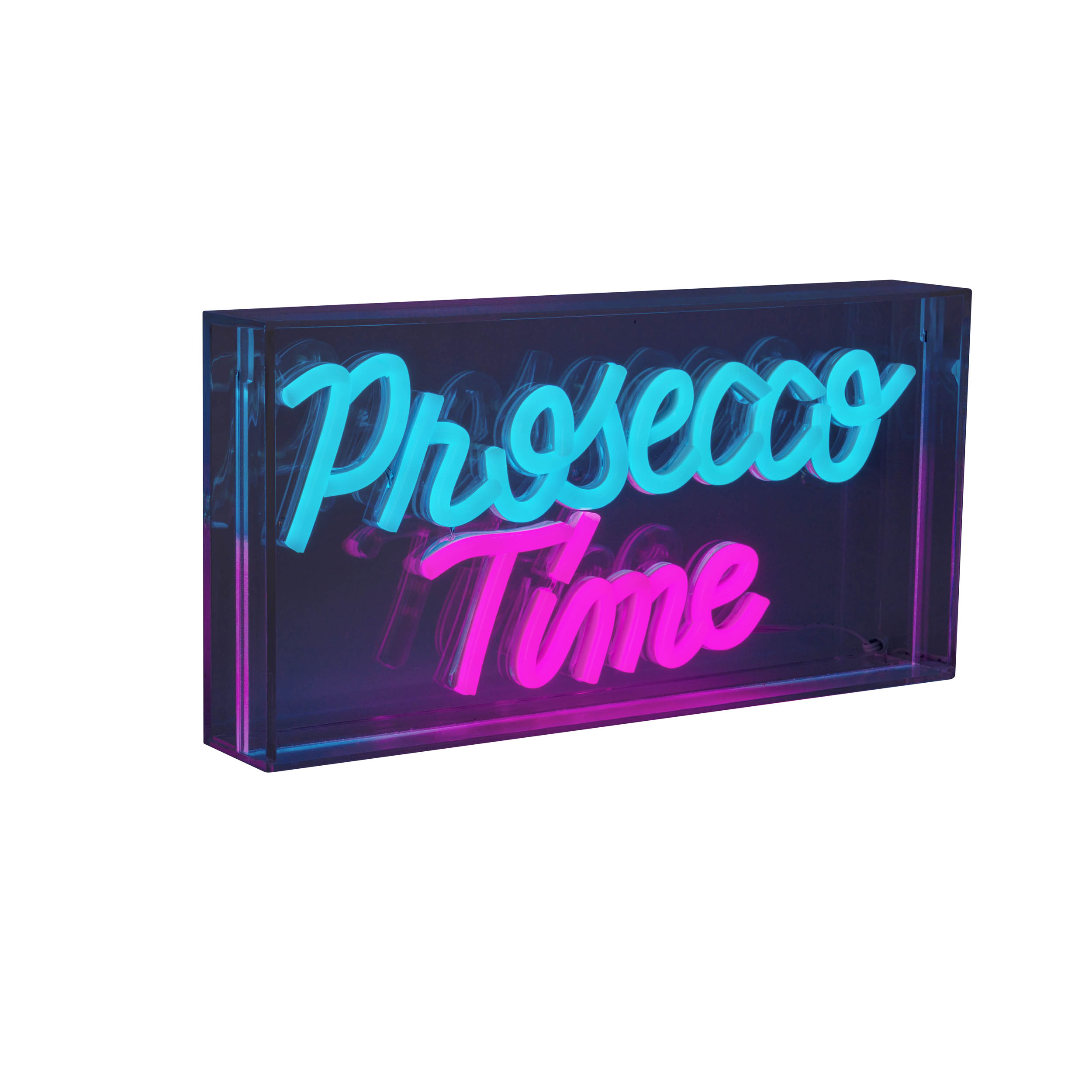 Neonschild mit 'Prosecco Time' in Pink und Blau.