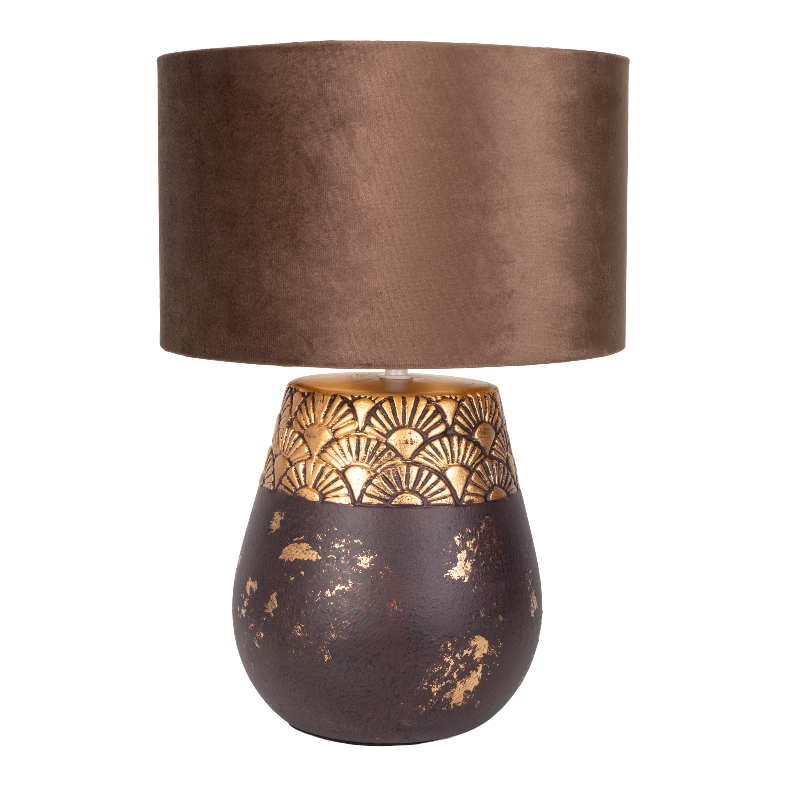 Braune und goldene Tischlampe mit Stoffschirm. Der Sockel hat ein dekoratives Muster und eine dunkle Farbe.