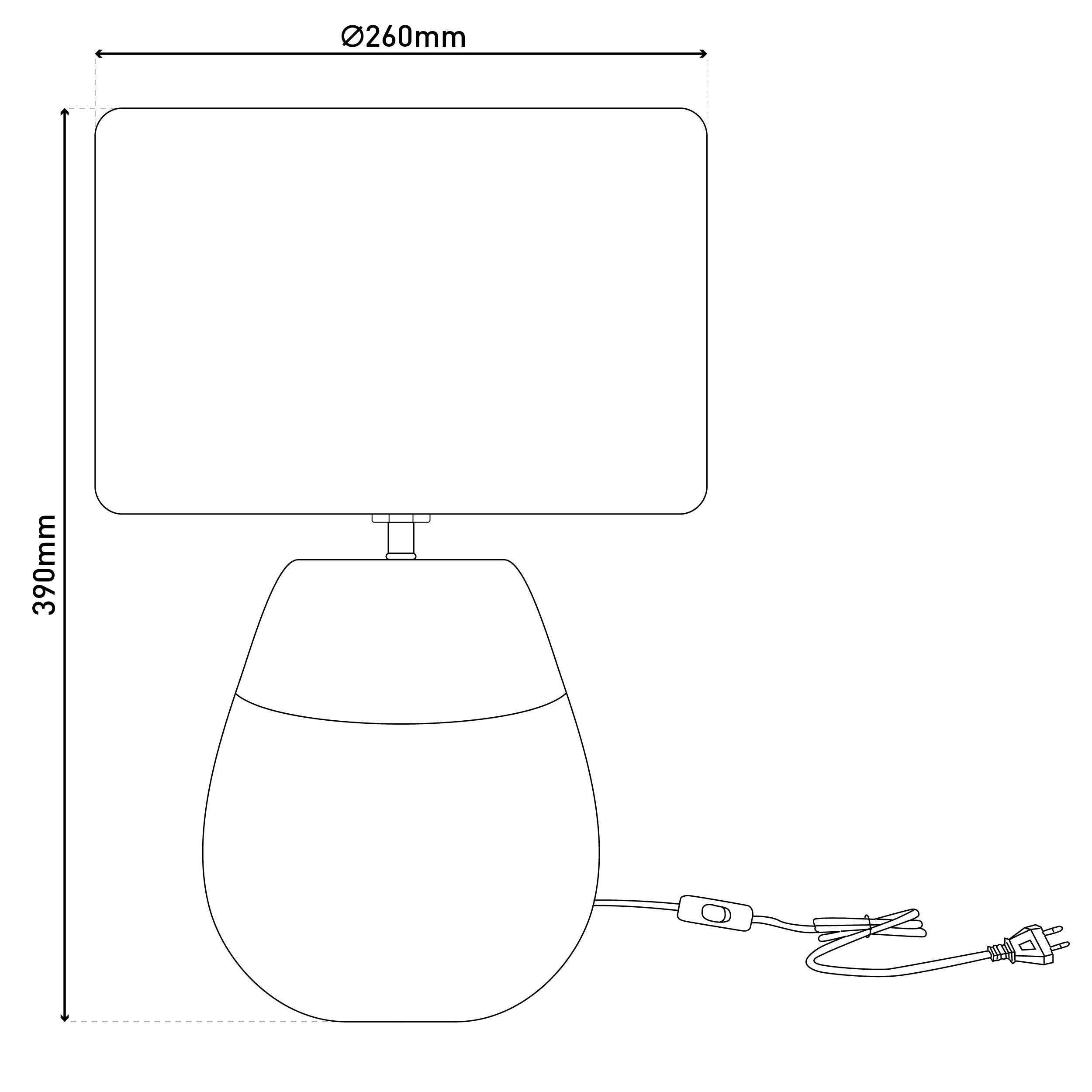 Eine Skizze einer Lampe mit Abmessungen. Die Lampe hat einen Sockel, einen Lampenschirm und ein Netzkabel.
