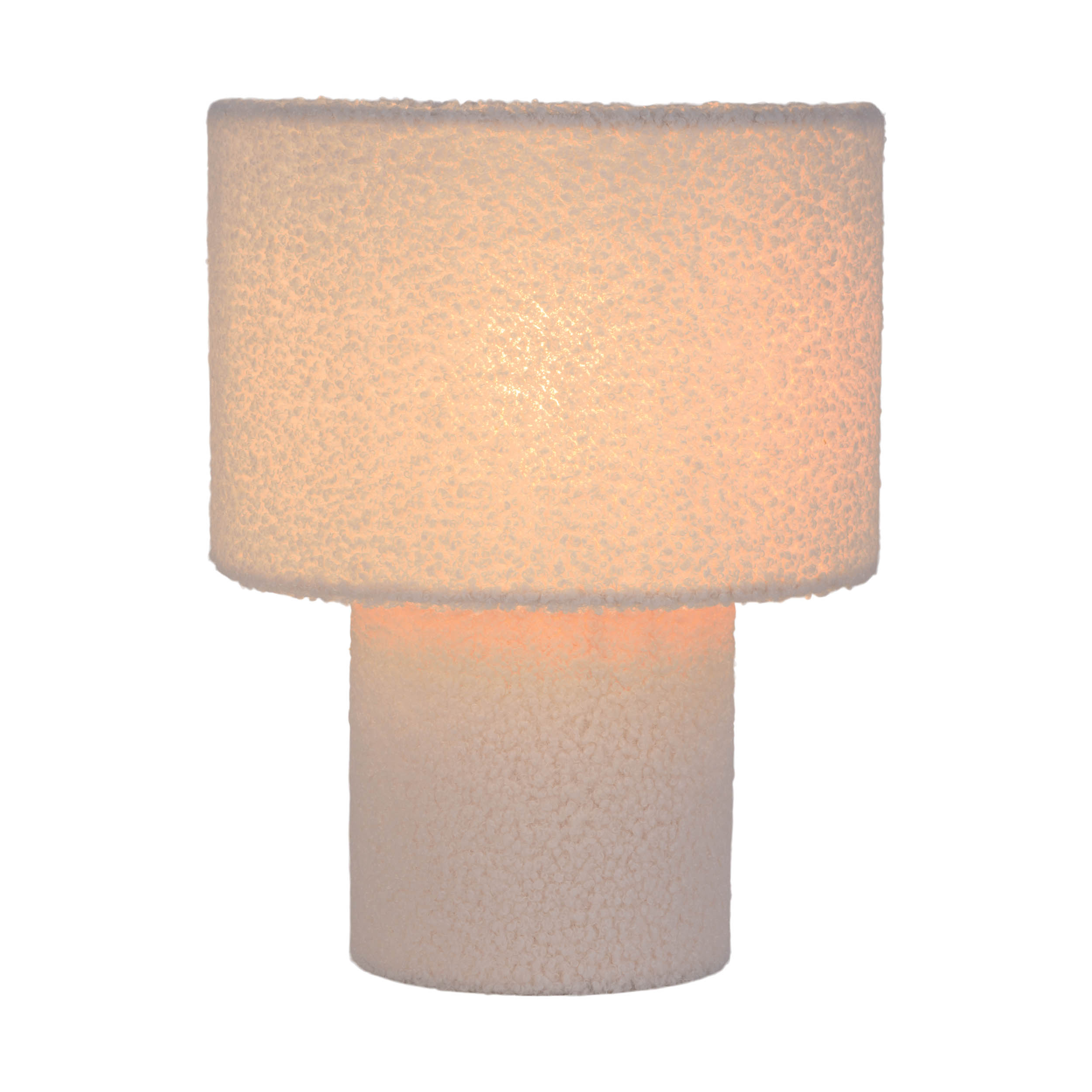 Eine weiße Lampe mit einem strukturierten, zylindrischen Lampenschirm auf einem ähnlichen Sockel.