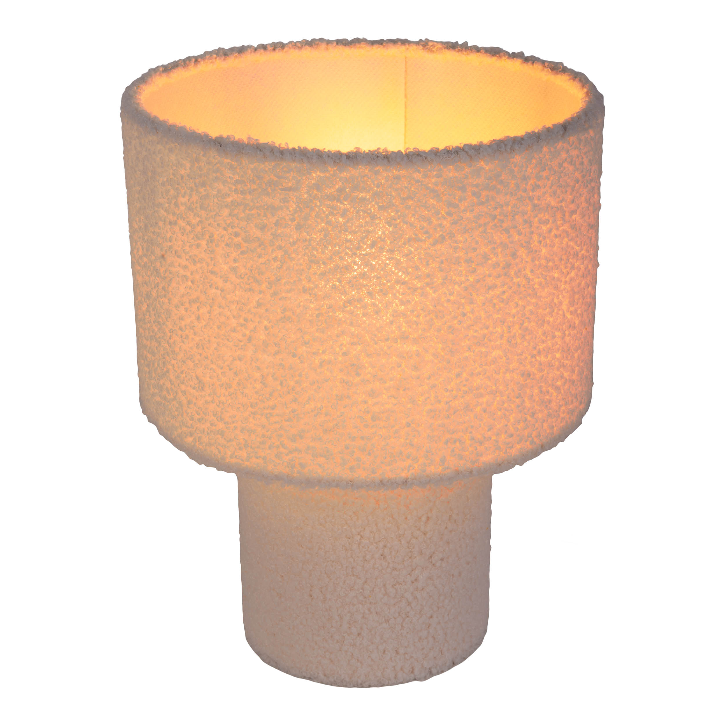 Weiße Lampe mit strukturierter Oberfläche, zylindrischem Schirm und Sockel, die warmes Licht aussendet.