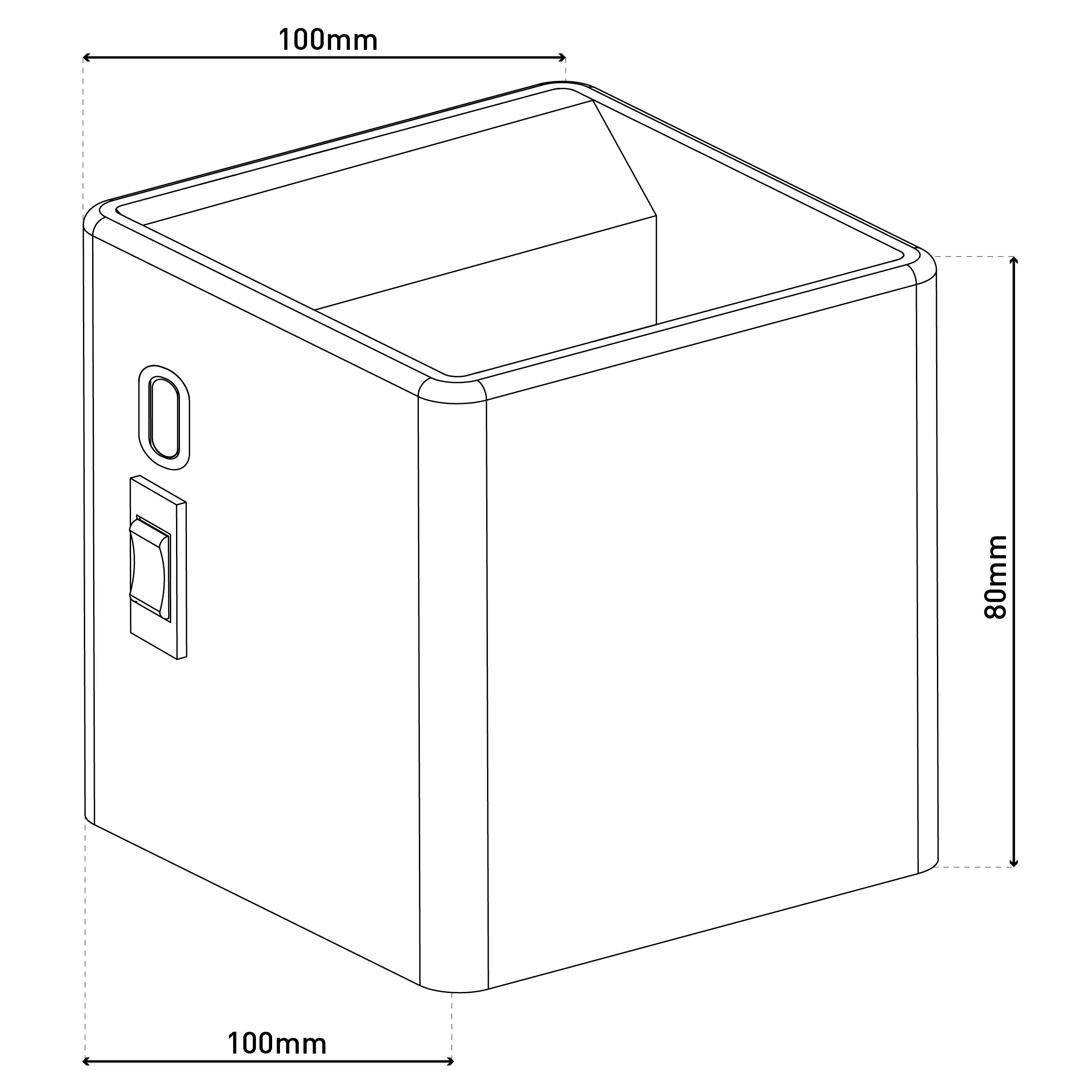 Würfelförmiges Produkt mit den Maßen: 100 mm x 100 mm x 80 mm.