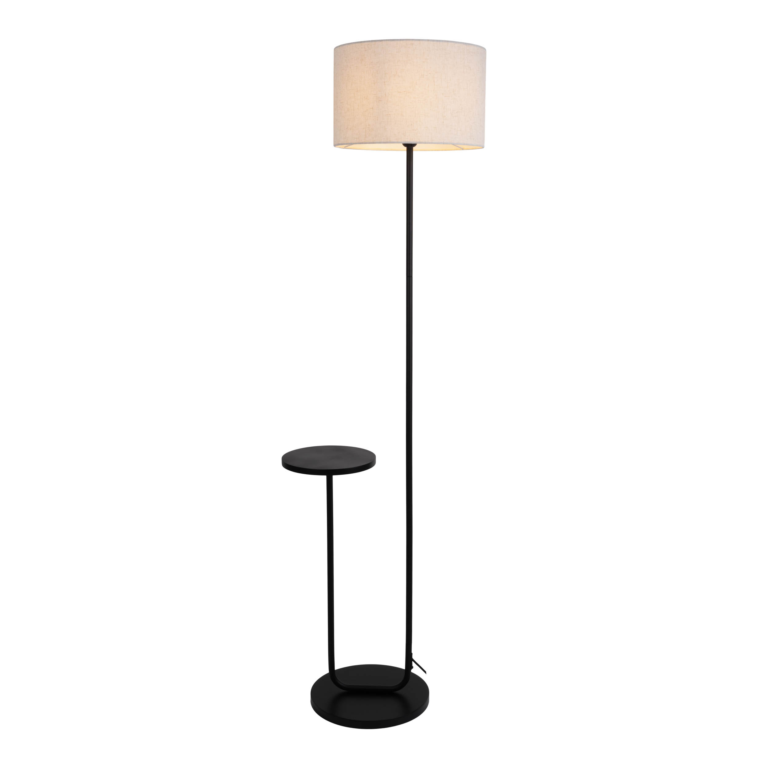 Schwarze Stehlampe mit Beistelltisch und beigem Lampenschirm.