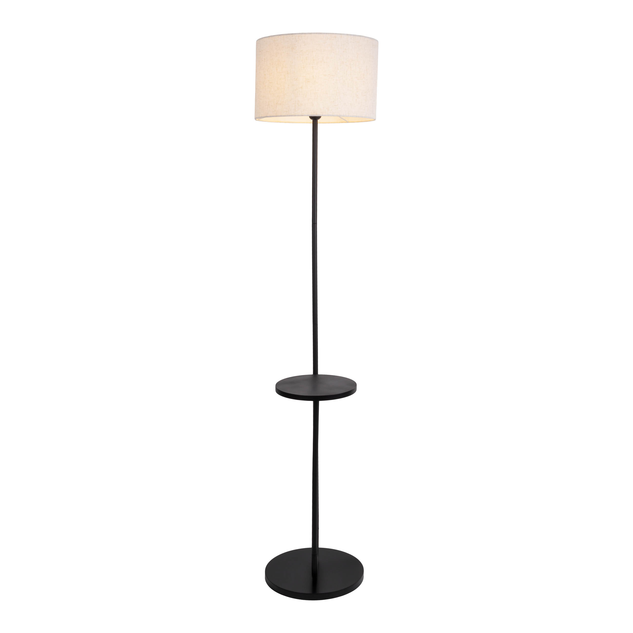 Schwarze Stehlampe mit rundem Fuß, schlankem Stiel und Lampenschirm mit Tischchen.