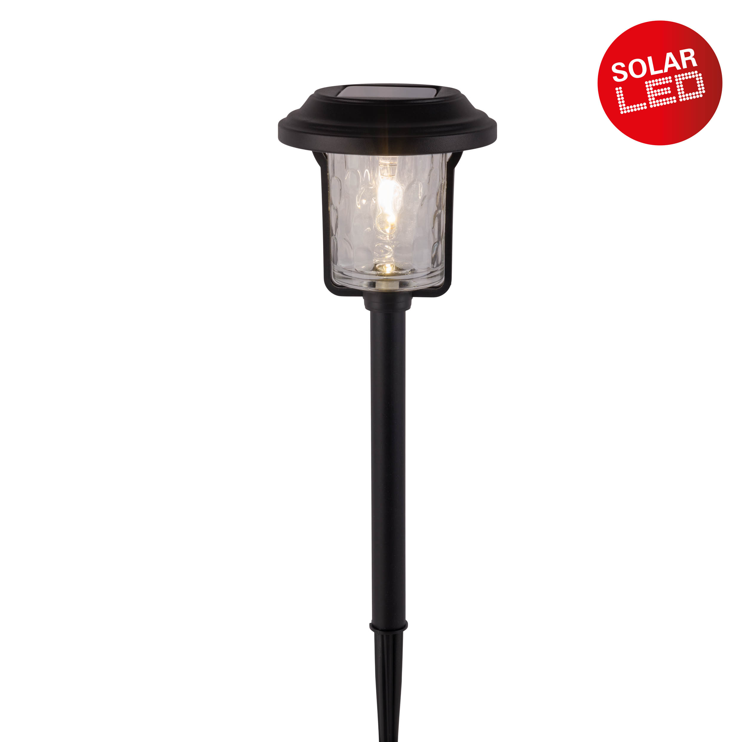 Schwarze Solar-LED-Gartenleuchte mit klarer, strukturierter Glaslampe und rotem 'SOLAR LED'-Etikett.