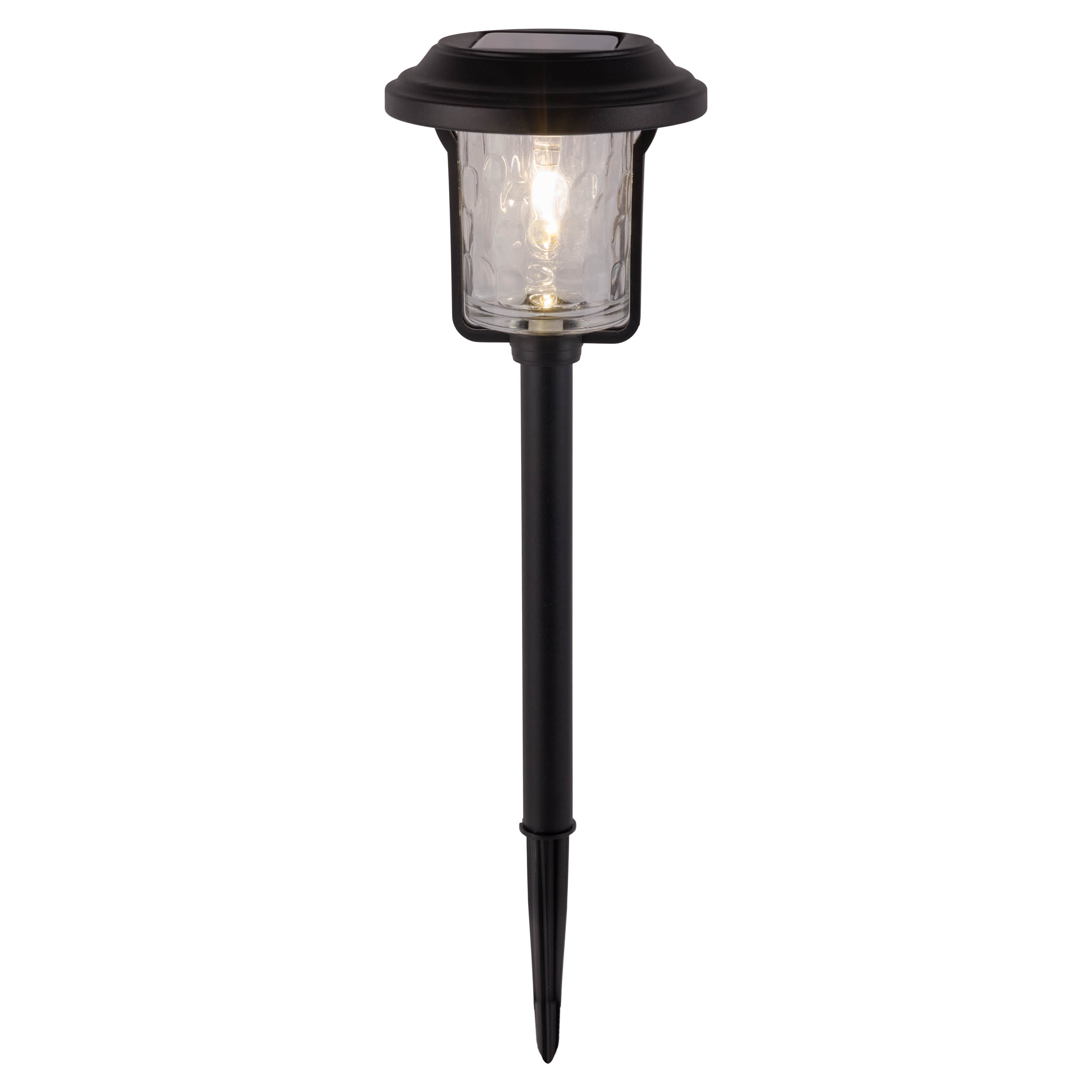 Schwarze Solar-Gartenleuchte auf Weiß. Sie hat einen klaren Glasschirm und einen spitzen Sockel.