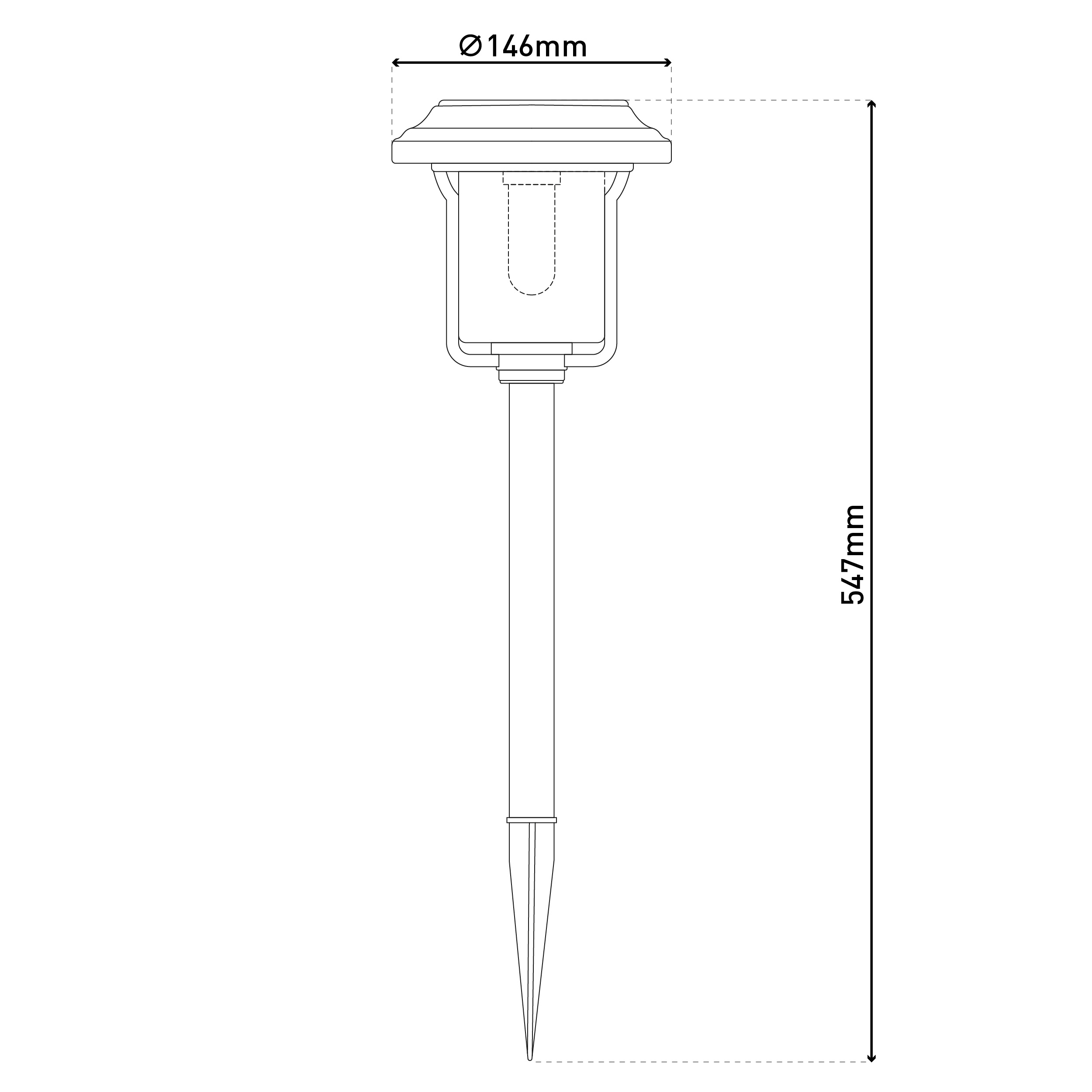 Strichzeichnung einer Solar-Gartenleuchte. Sie hat einen spitzen Pfahl und einen quadratischen Kopf mit Licht.