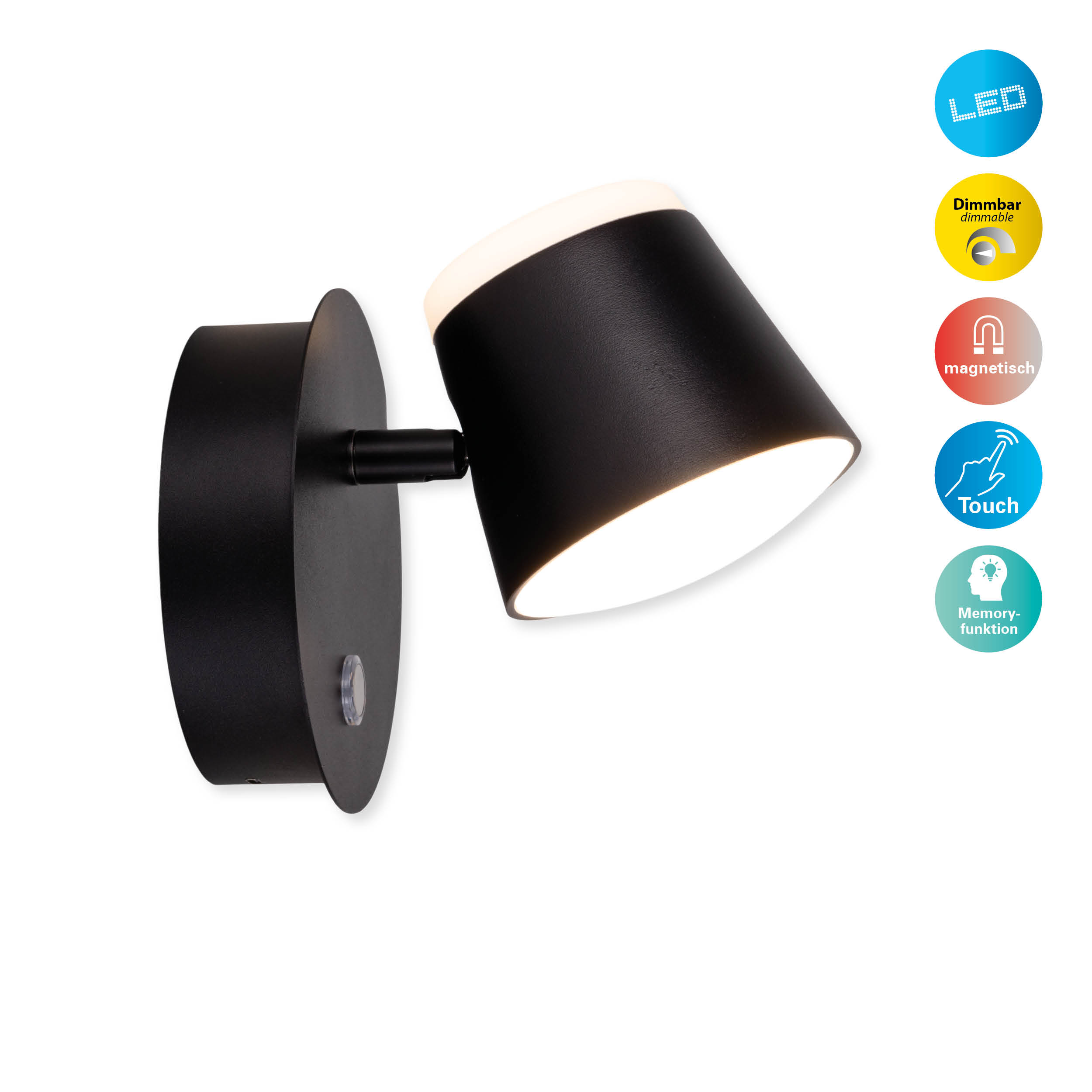 Eine schwarze Wandleuchte mit weißem Licht und Knopf. Hat Symbole für Funktionen.