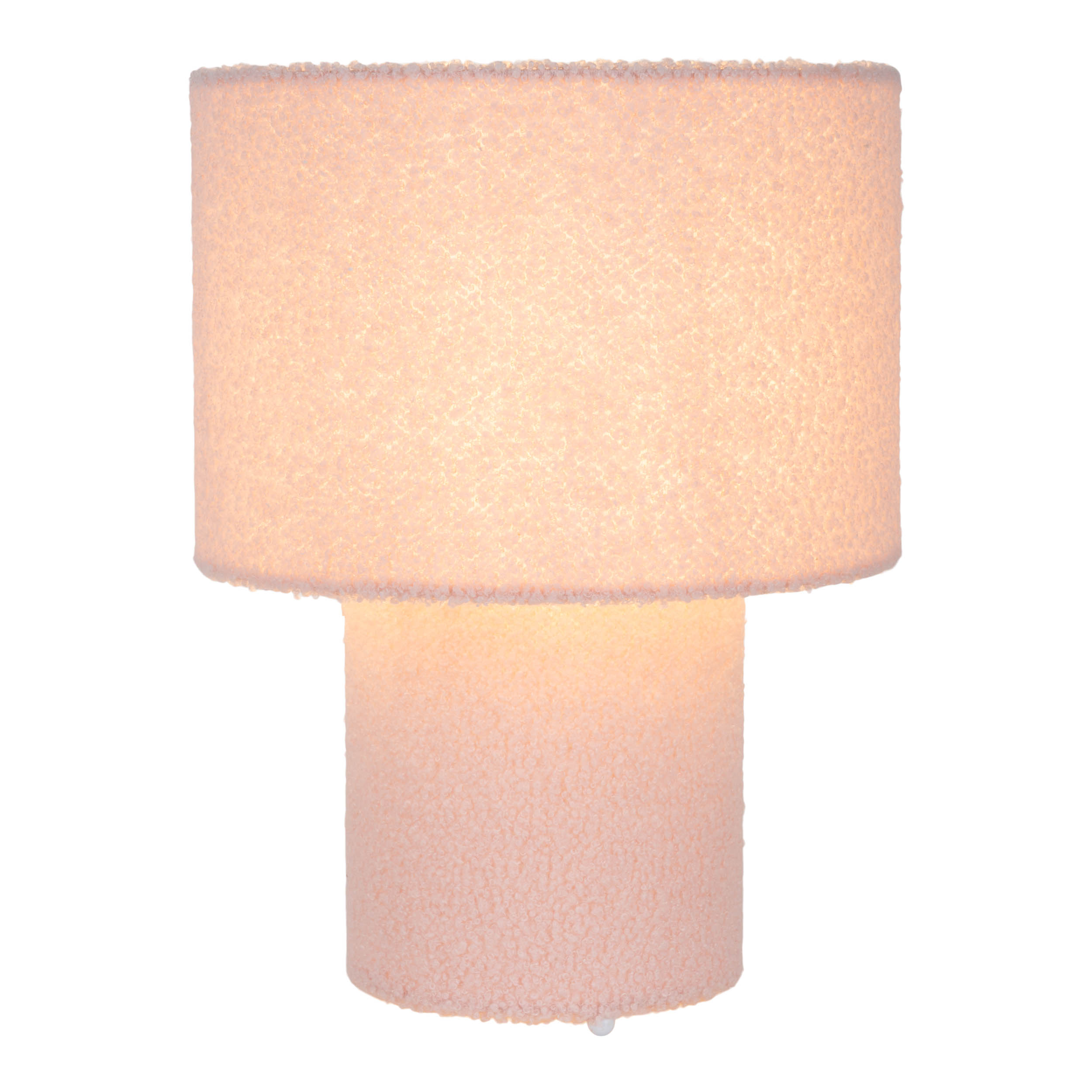 Rosa Nachttischlampe mit zylindrischem Sockel und Lampenschirm. Weißer Hintergrund.