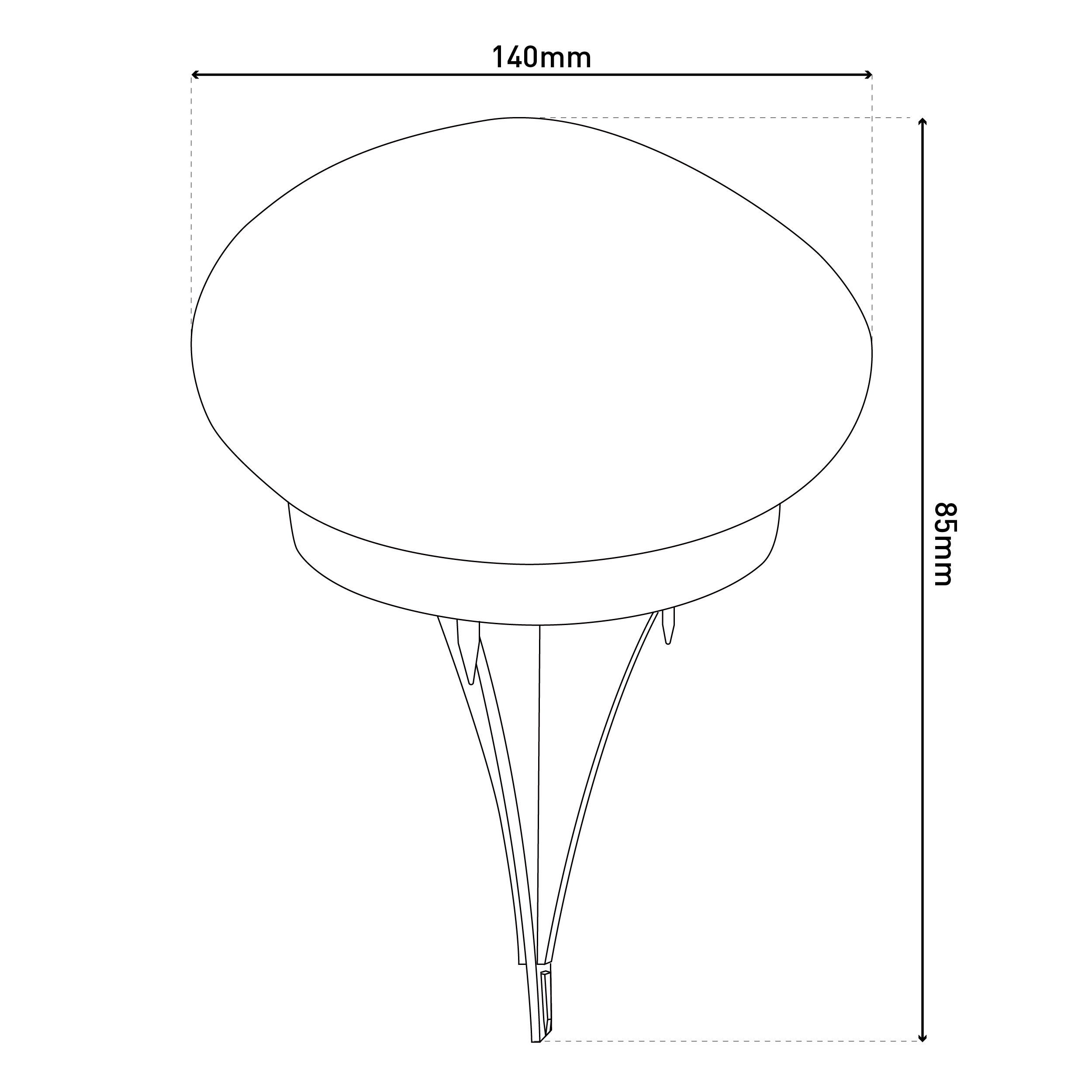 Eine Strichzeichnung einer Leuchte mit den Maßen 140 mm x 85 mm.
