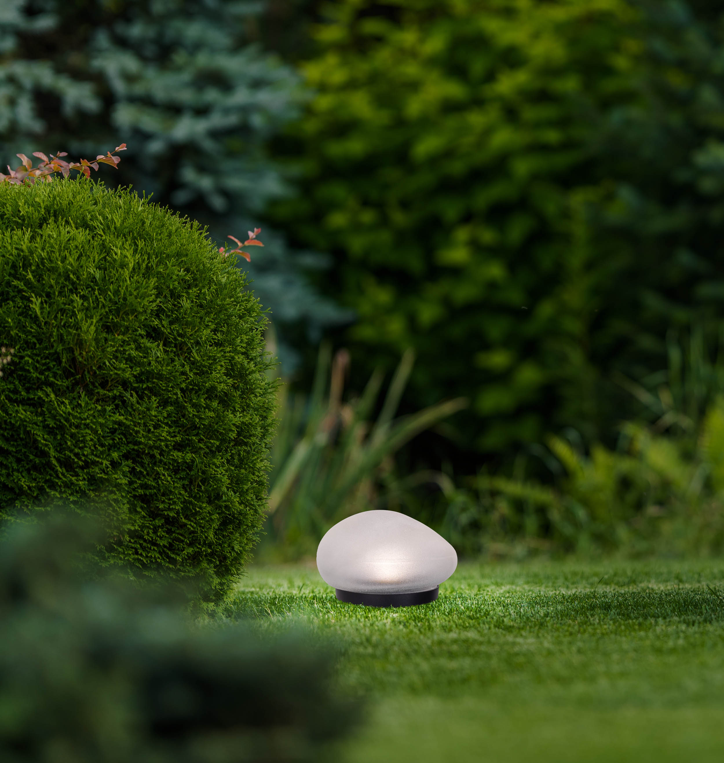 Ein kleines Landschaftslicht in einem Garten. Es hat eine weiße Oberseite und eine schwarze Basis, die auf grünem Gras mit Büschen im Hintergrund steht.