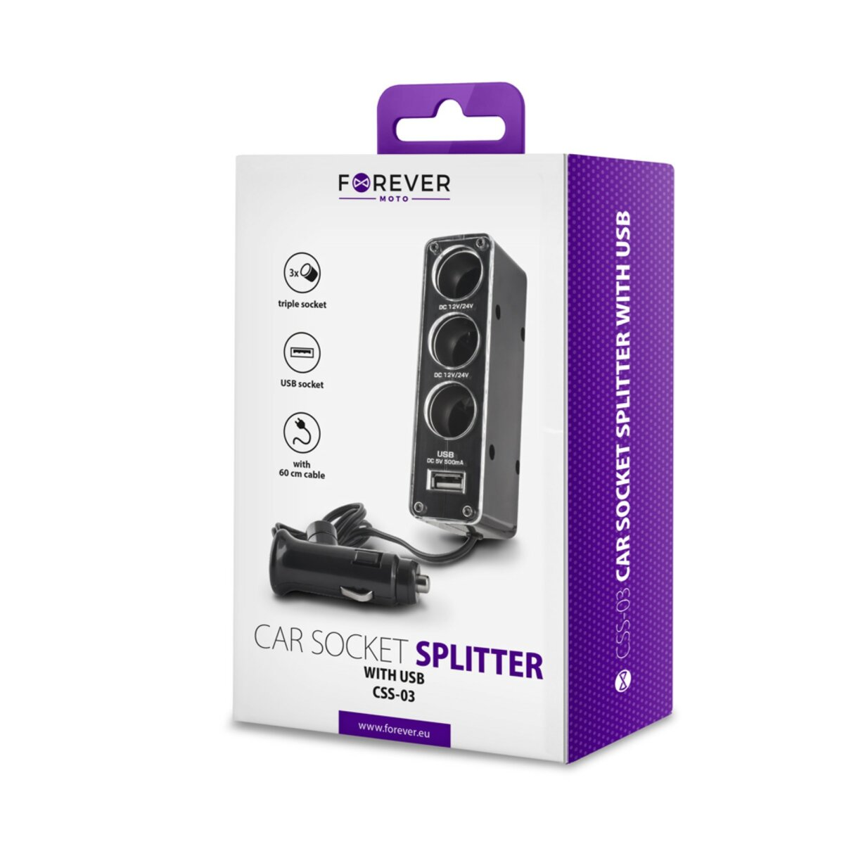Uno splitter per presa accendisigari con porte USB, confezionato in una scatola con dettagli del prodotto e il logo 'Forever'.
