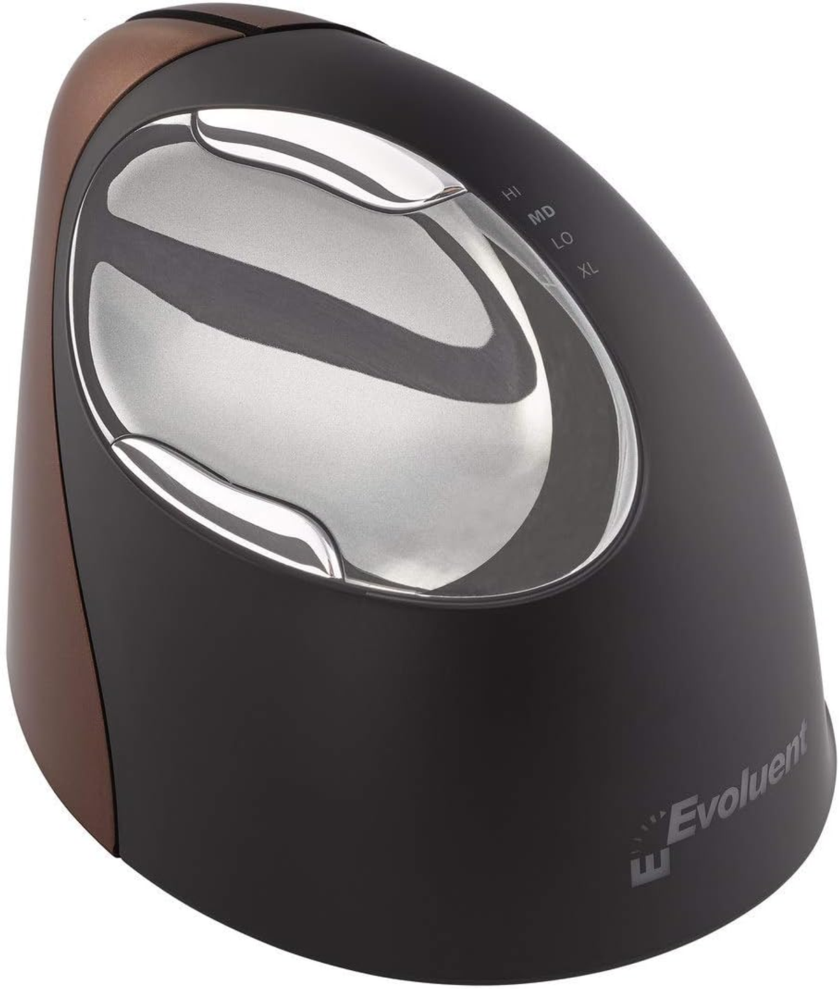 Ergonomische Computermaus mit geschwungenem Design. Sie ist schwarz und bronzefarben.