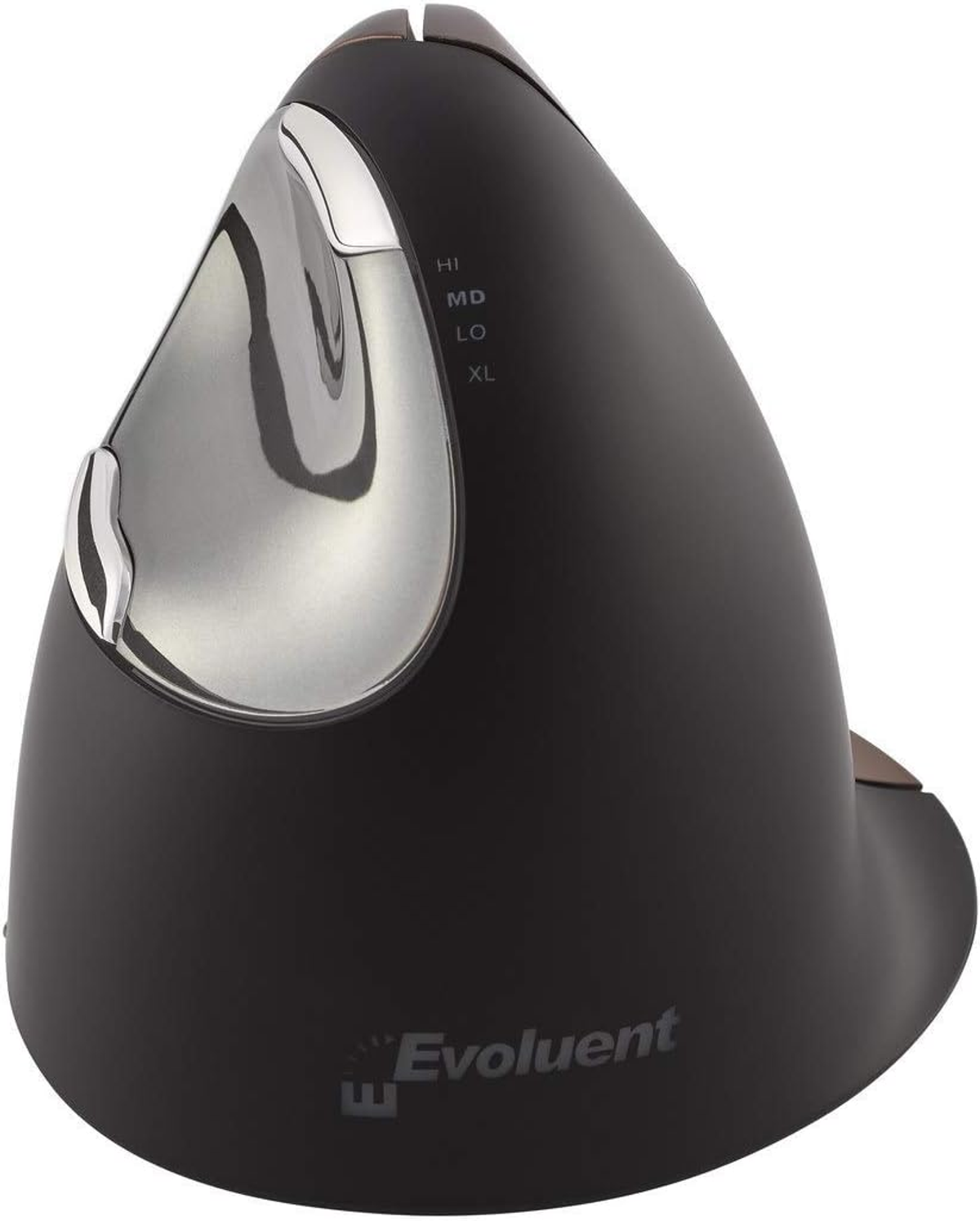 Ergonomische schwarze Computermaus mit silbernen Akzenten und 'Evoluent'-Markenlogo.