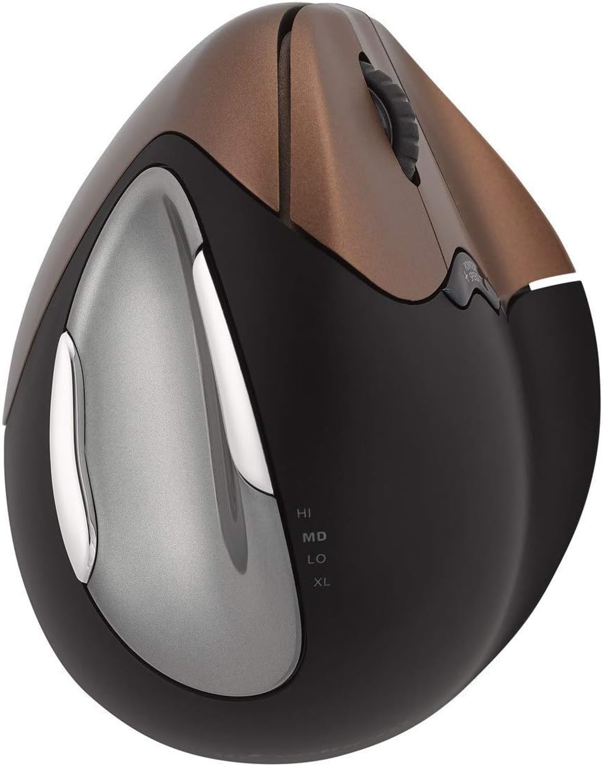 Ergonomische Computermaus mit brauner Oberseite, silberner Seite, schwarzem Boden und mit HI, MD, LO, XL beschrifteten Tasten.