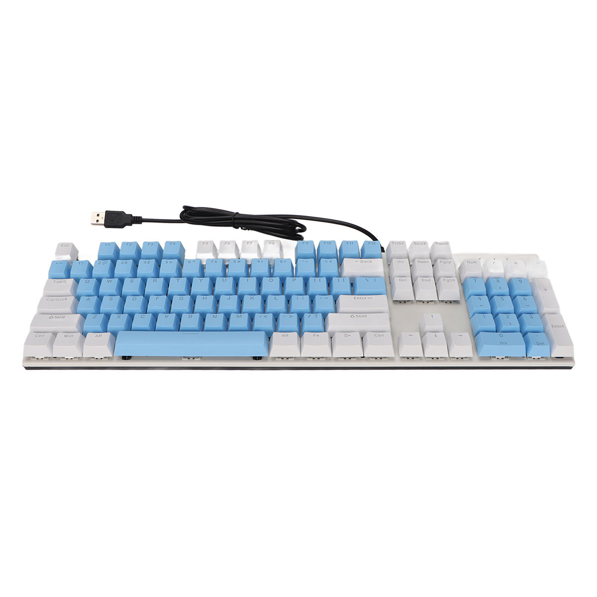 Eine weiße Tastatur mit blauen Tasten und einem schwarzen USB-Kabel.