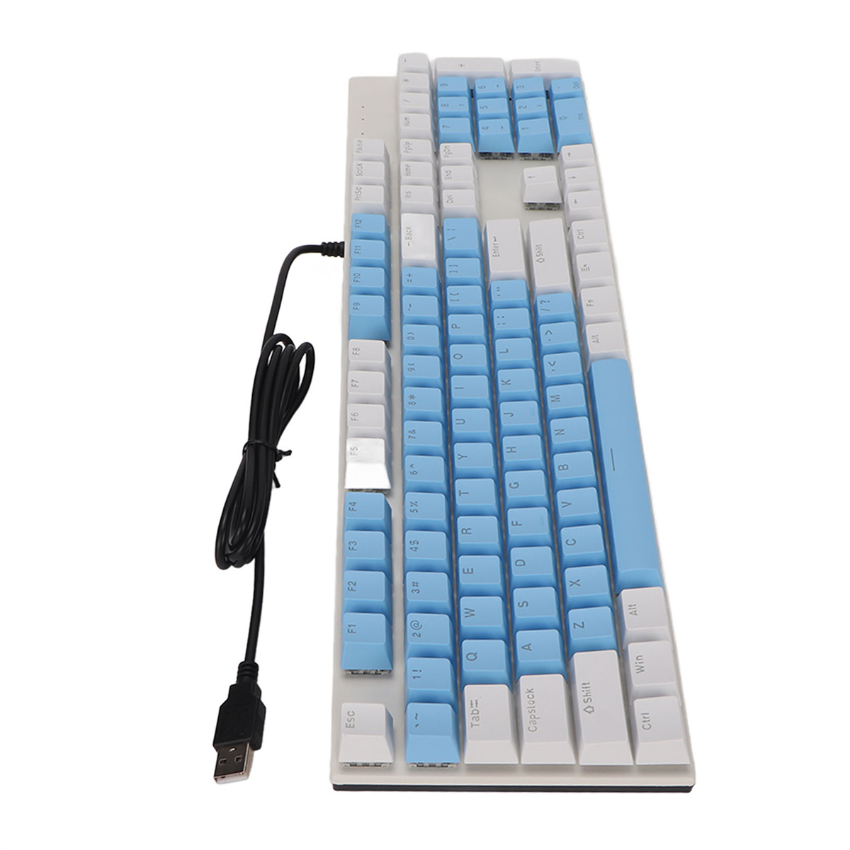 Weiße Tastatur mit blauen Tasten. Schwarzes Kabel verbindet sich mit USB. Tasten beinhalten Zahlen, Buchstaben und Symbole.