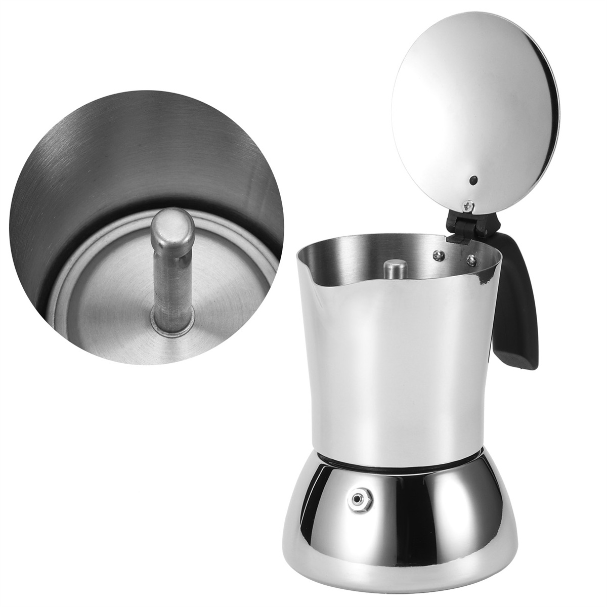 Eine Espressokanne aus Edelstahl mit schwarzem Griff und Nahaufnahme des Inneren.