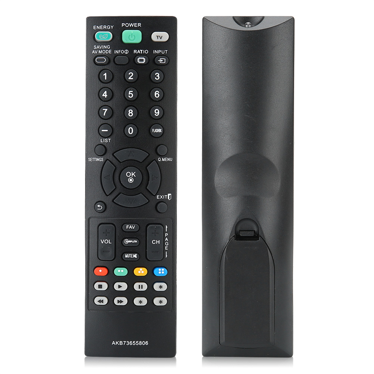 Schwarze TV-Fernbedienung mit vielen Tasten. Rückansicht zeigt Batteriefach.