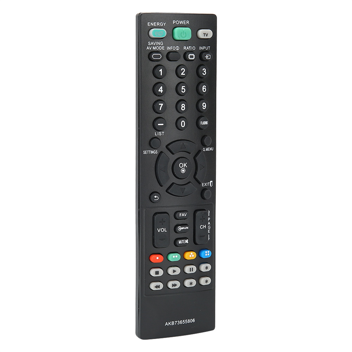 Schwarze TV-Fernbedienung mit mehreren Tasten, einschließlich Lautstärke, Kanal und Ziffernblock.