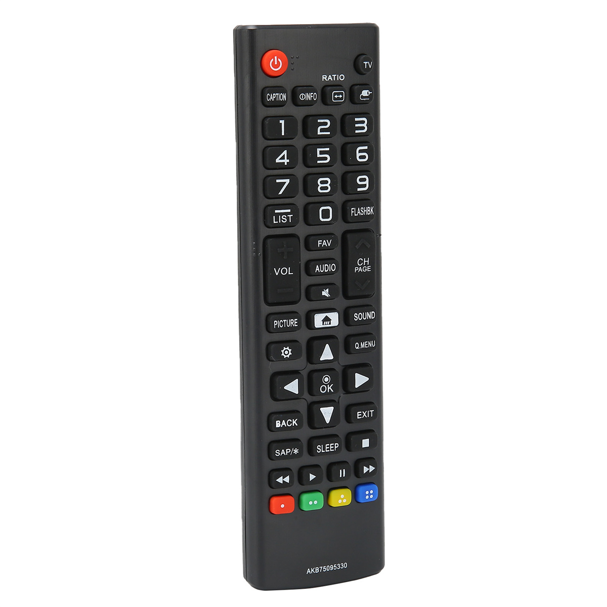 Schwarze TV-Fernbedienung mit mehreren Tasten und Beschriftungen.