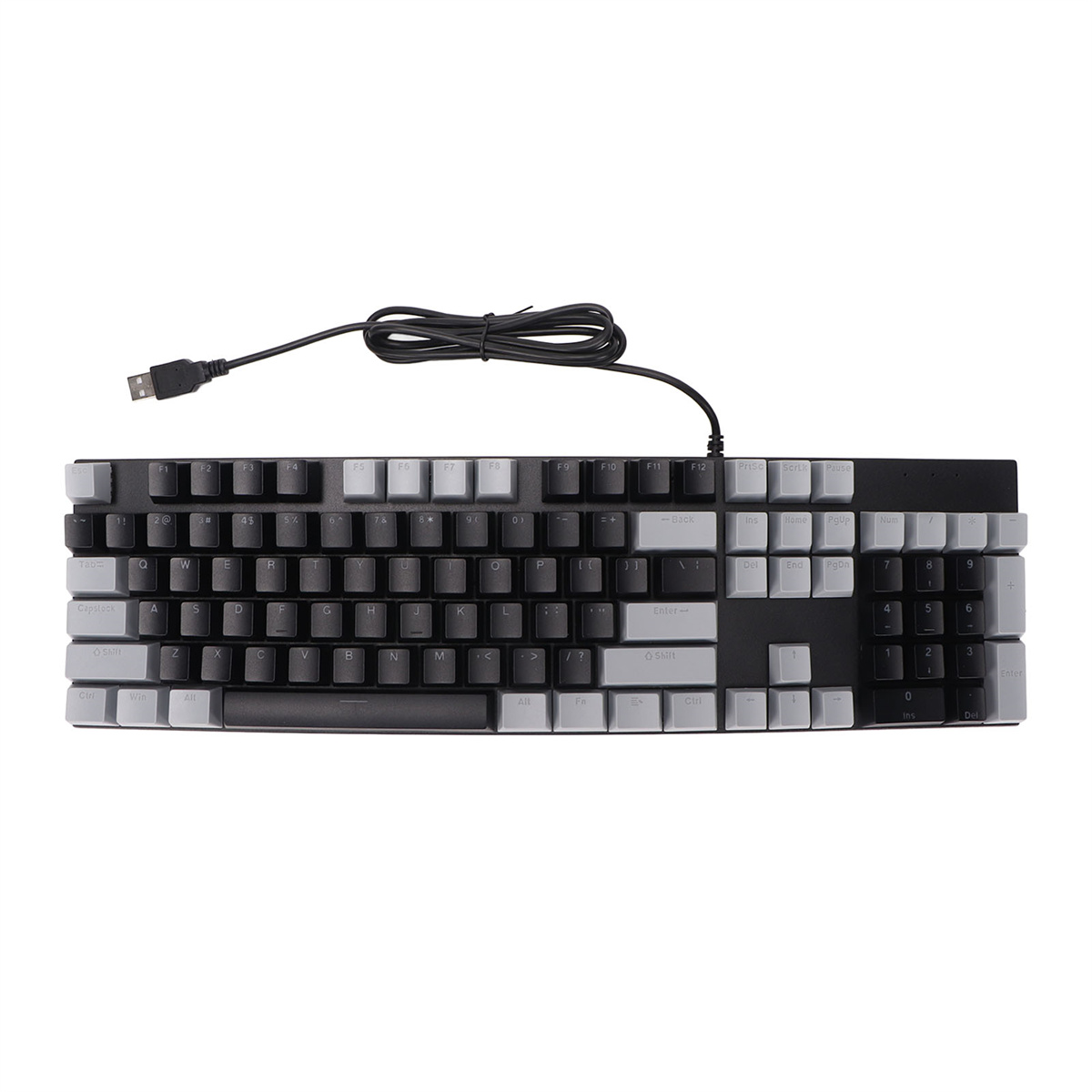Schwarze und graue mechanische Tastatur mit weißen und grauen Tastenkappen und einem USB-Kabel.