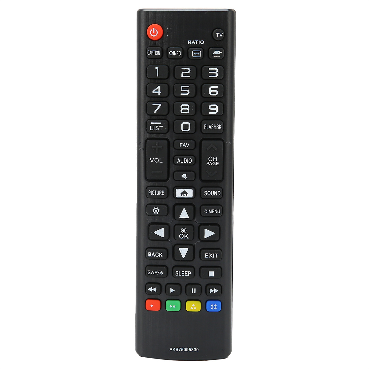 Eine schwarze TV-Fernbedienung mit vielen Knöpfen, isoliert auf weißem Hintergrund.