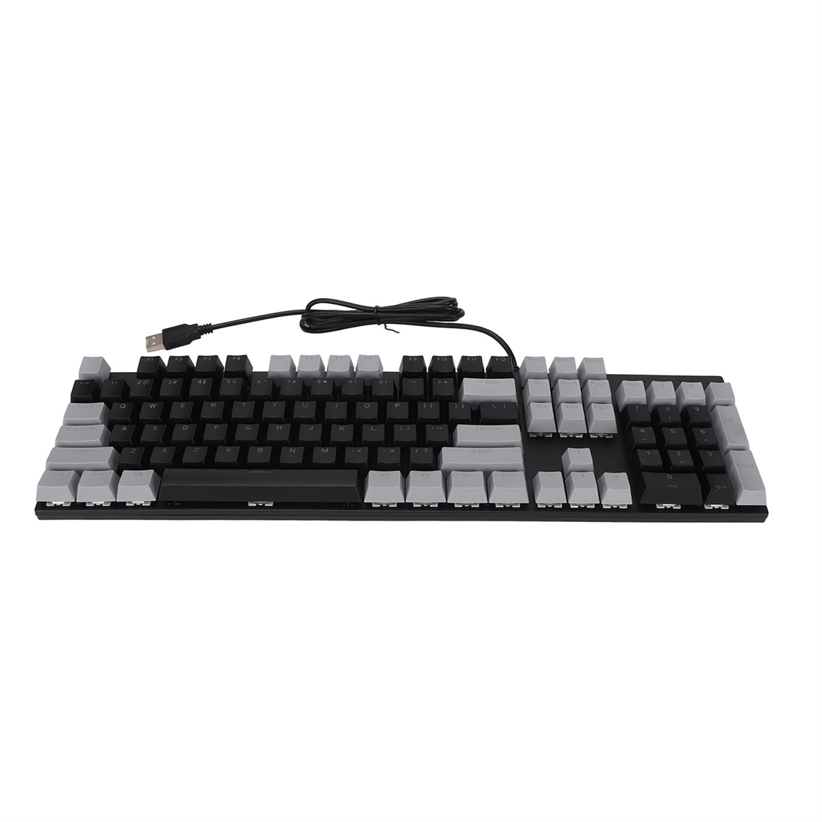 Schwarze und graue Tastatur mit USB-Kabel, Tasten in Schwarz und Grau.
