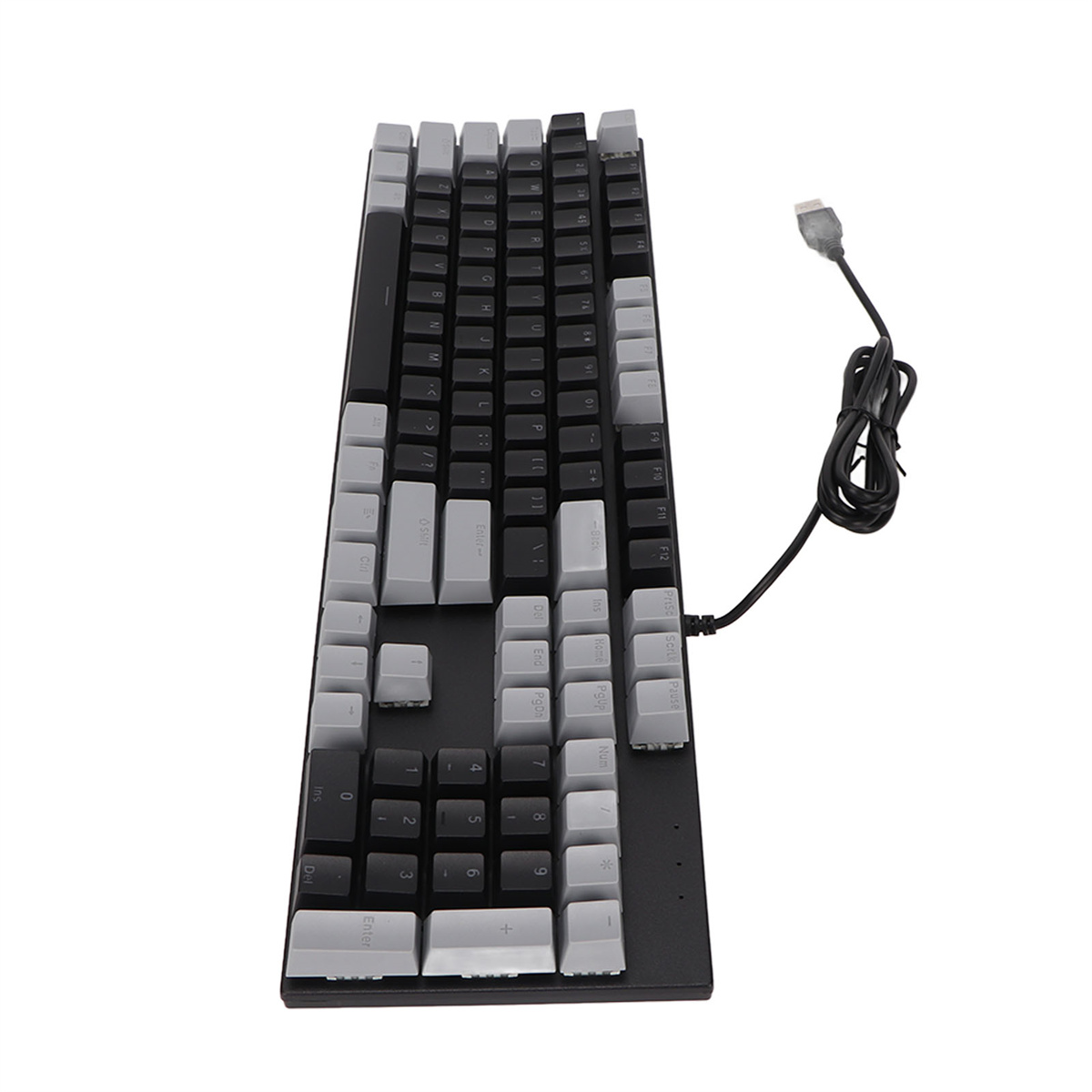 Mechanische Tastatur in Schwarz und Grau, mit USB-Kabel rechts.
