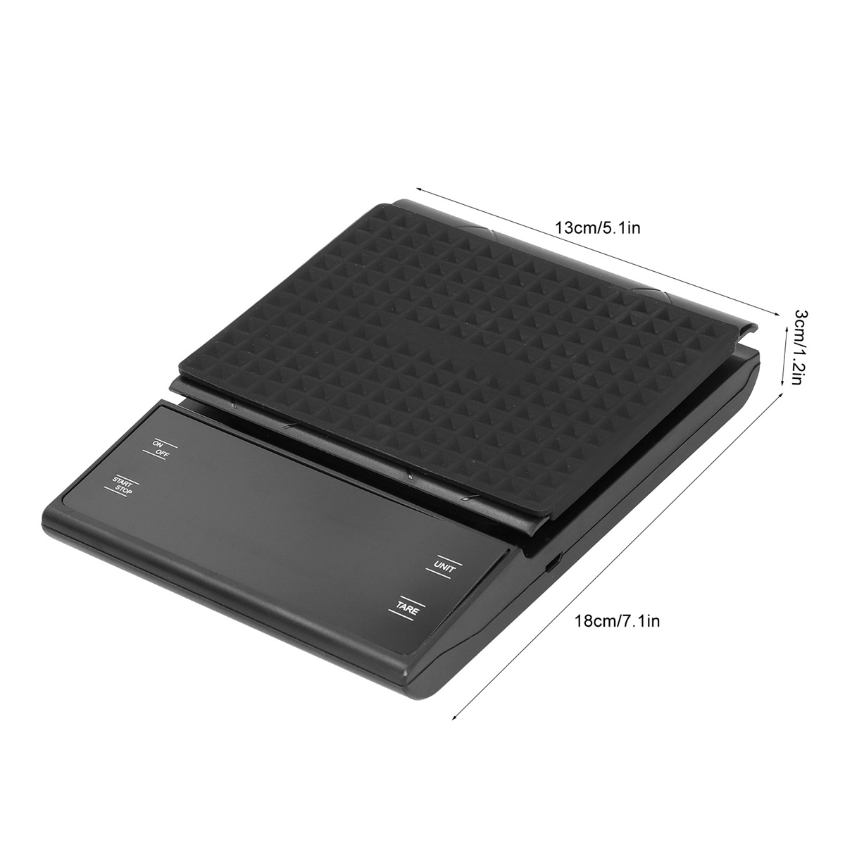 Eine schwarze digitale Küchenwaage mit Abmessungen in cm/Zoll. Die obere Oberfläche ist schwarz mit strukturiertem Muster.