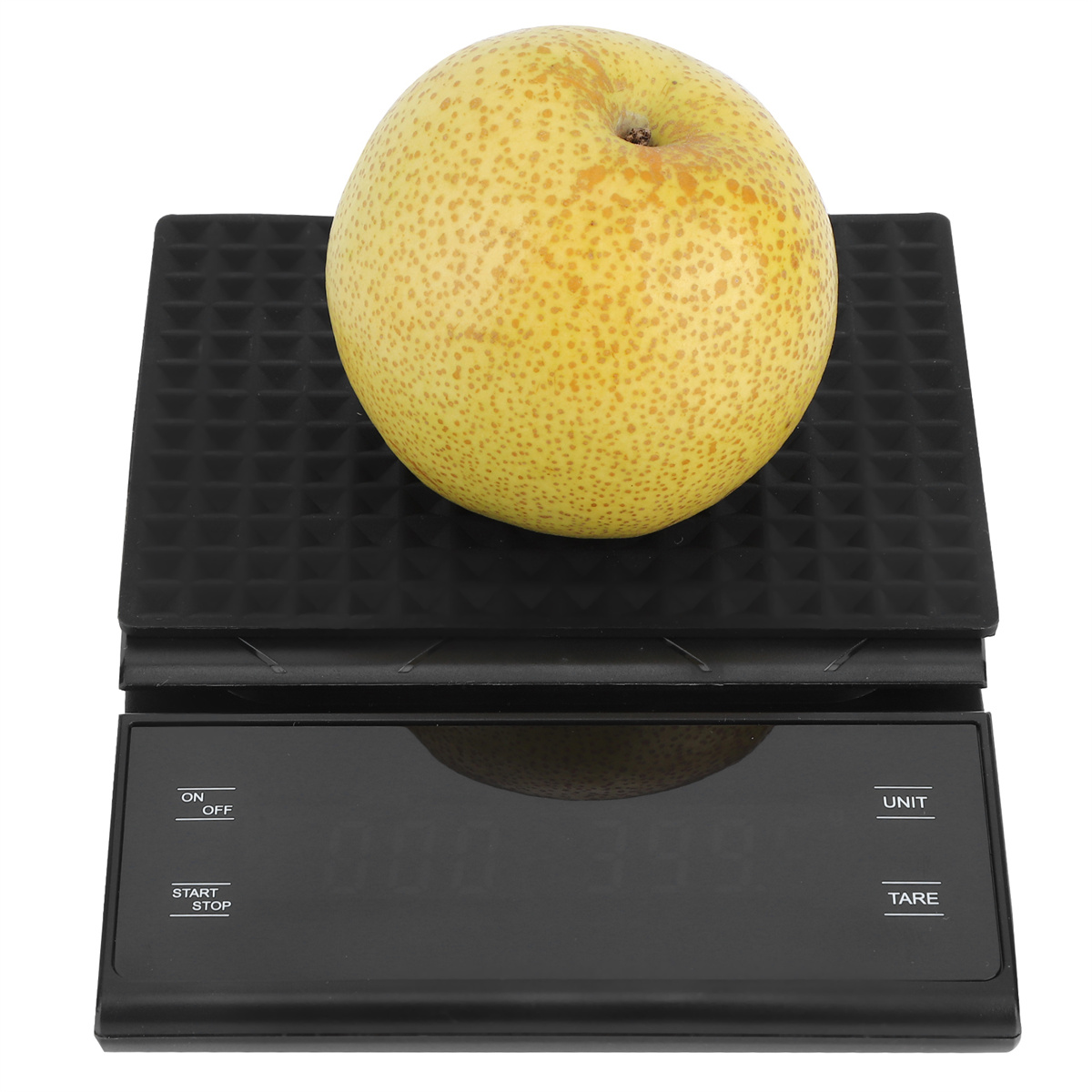 Gelbe Birne auf einer schwarzen Digitalwaage. Die Waage zeigt Zahlen an. Ein/Aus- und Tara-Tasten sichtbar.
