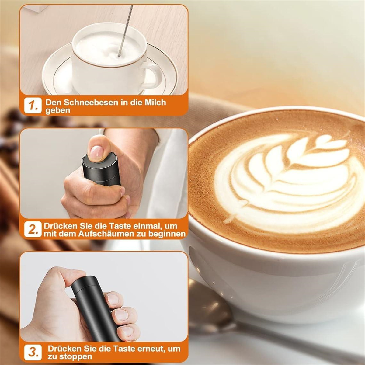 Schritte zum Aufschäumen von Milch. Eine Tasse Milch, ein Aufschäumgerät und eine Tasse Cappuccino.