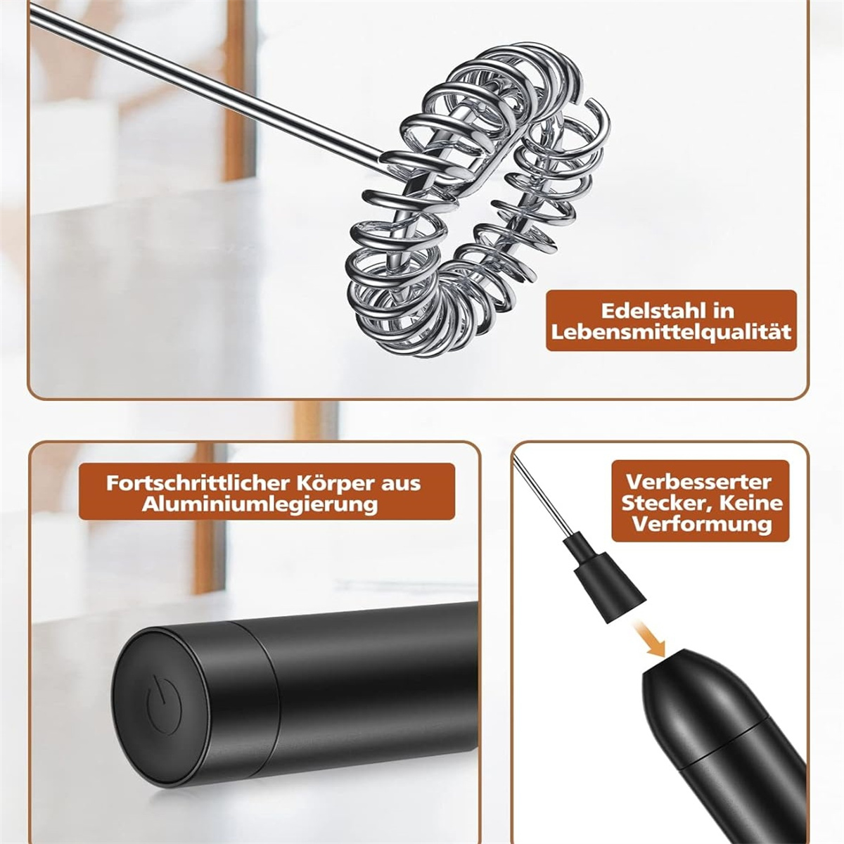 Nahaufnahmen eines Milchaufschäumers und seiner Komponenten. Edelstahl- und Aluminiumteile.