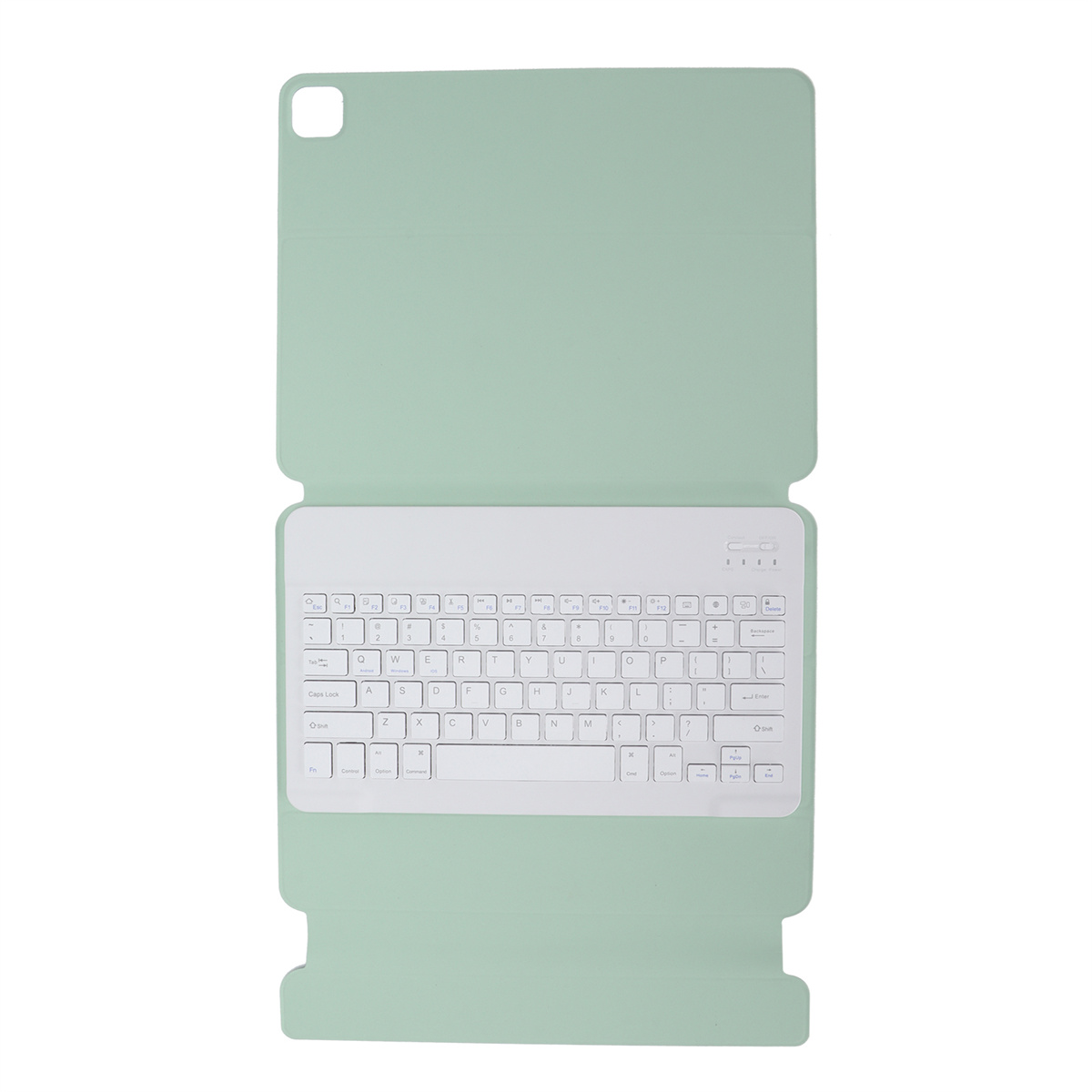 Eine mintgrüne Tablet-Hülle mit einer weißen Tastatur.