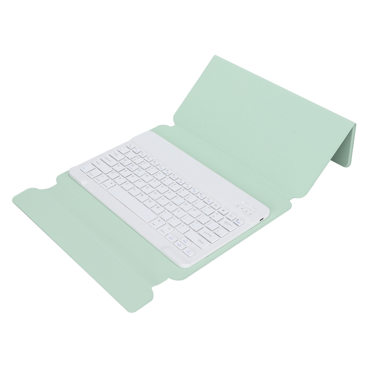 Ein offenes, hellgrünes Tastaturgehäuse mit einer weißen Tastatur im Inneren, auf einer weißen Oberfläche abgewinkelt.