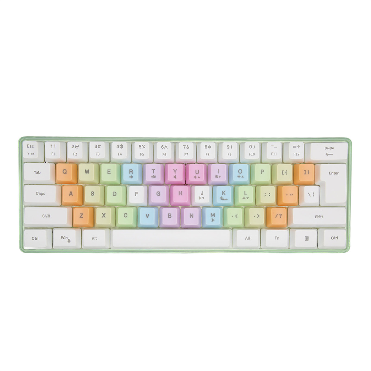 Mechanische Tastatur mit bunten Tasten. Es hat einen grünen Rahmen. Buchstaben und Symbole sichtbar.