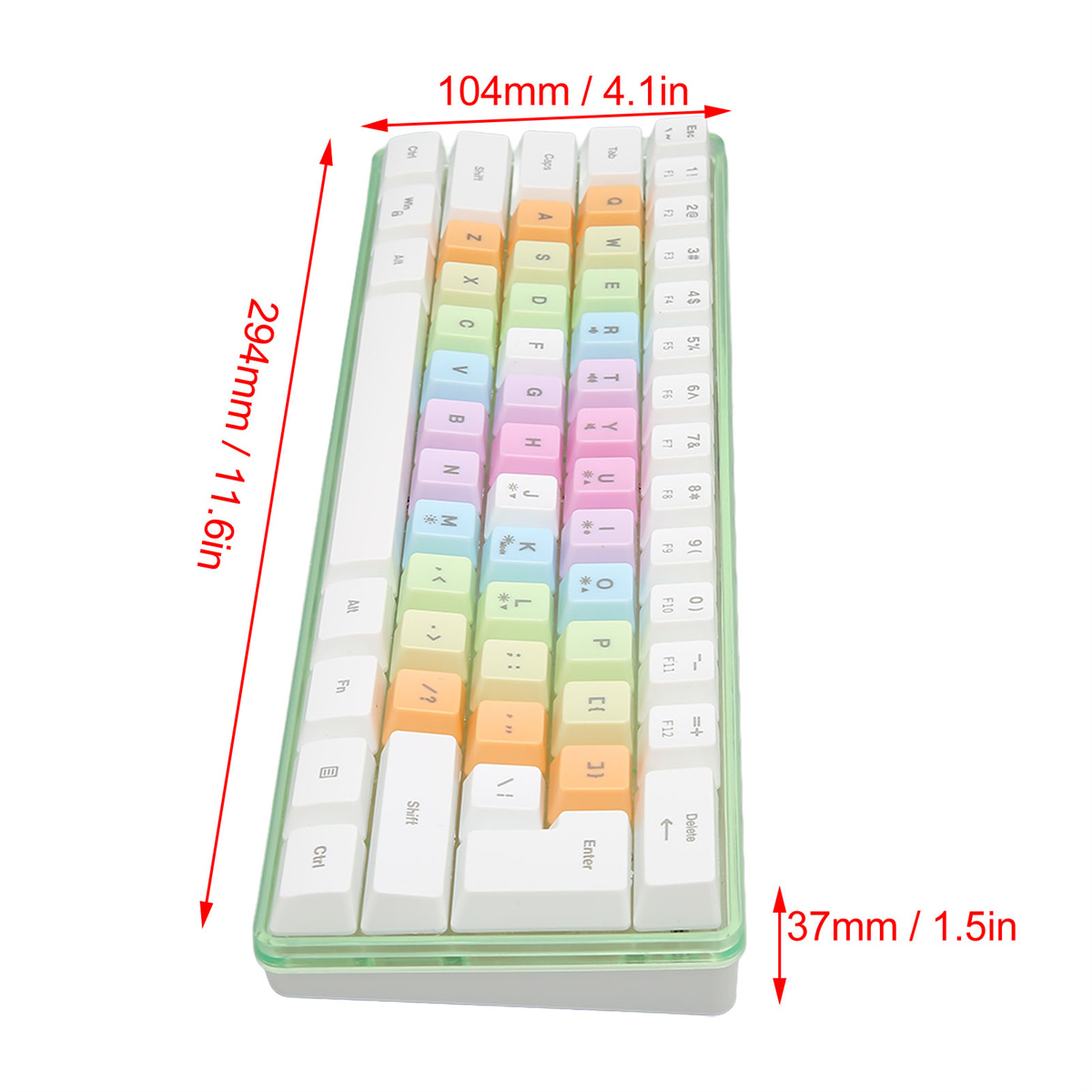 Eine farbenfrohe Tastatur mit Abmessungen. Die Tastatur hat pastellfarbene Tasten und einen weißen Rahmen.