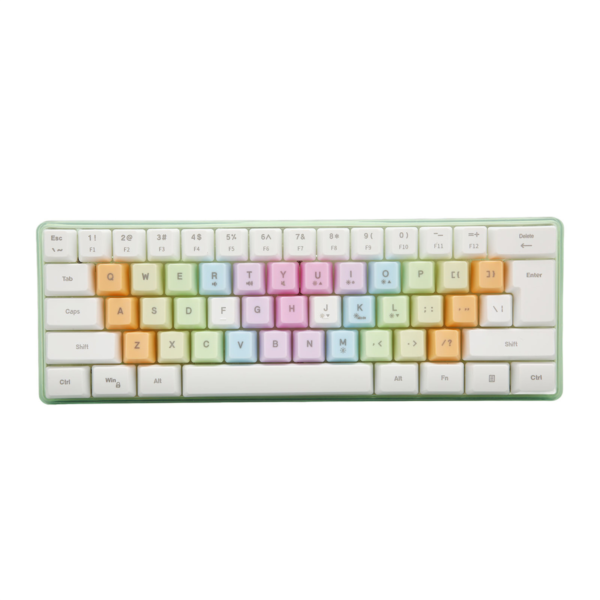 Eine farbenfrohe 60 % Tastatur mit grünem Rahmen und pastellfarbenen Tastenkappen, isoliert auf Weiß.