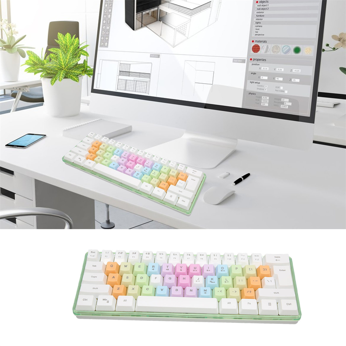 Ein Schreibtisch mit Tastatur, einem Computerbildschirm mit 3D-Modell und einer kleinen weißen Maus.