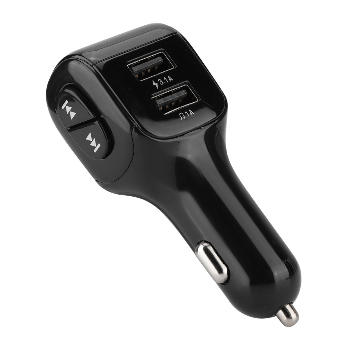 Schwarzes Autoladegerät mit zwei USB-Anschlüssen und Steuertasten. Das Ladegerät ist abgewinkelt.