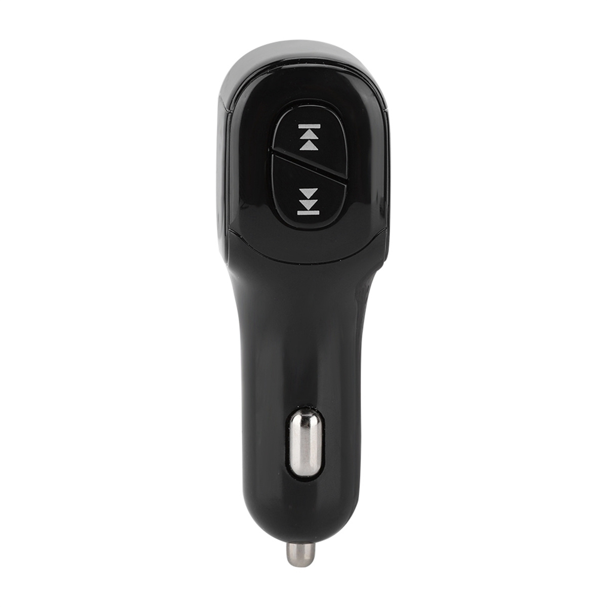 Ein schwarzes Autoladegerät mit zwei Play/Pause-Tasten. Das Ladegerät ist länglich und hat einen USB-Anschluss.