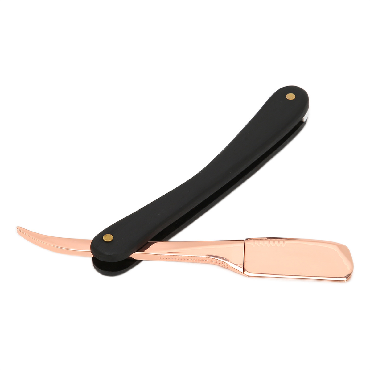 Ein schwarzes und goldenes Rasiermesser, offen, mit gebogener Klinge, auf weißer Oberfläche.