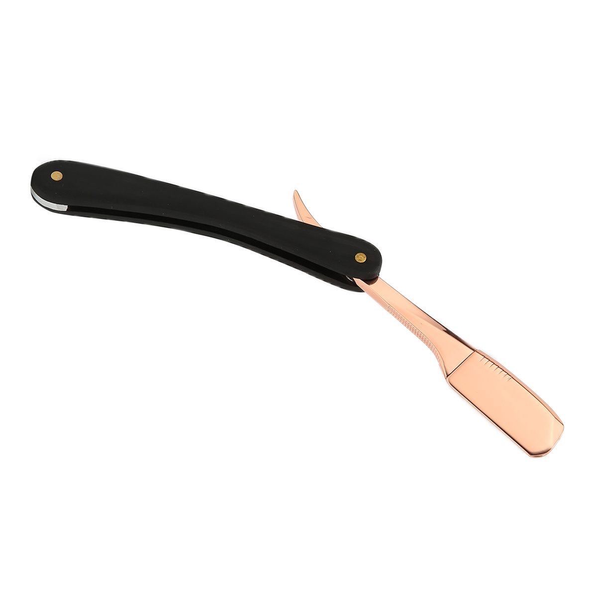 Offener Rasiermesser mit schwarzem Griff und kupferfarbener Klinge.