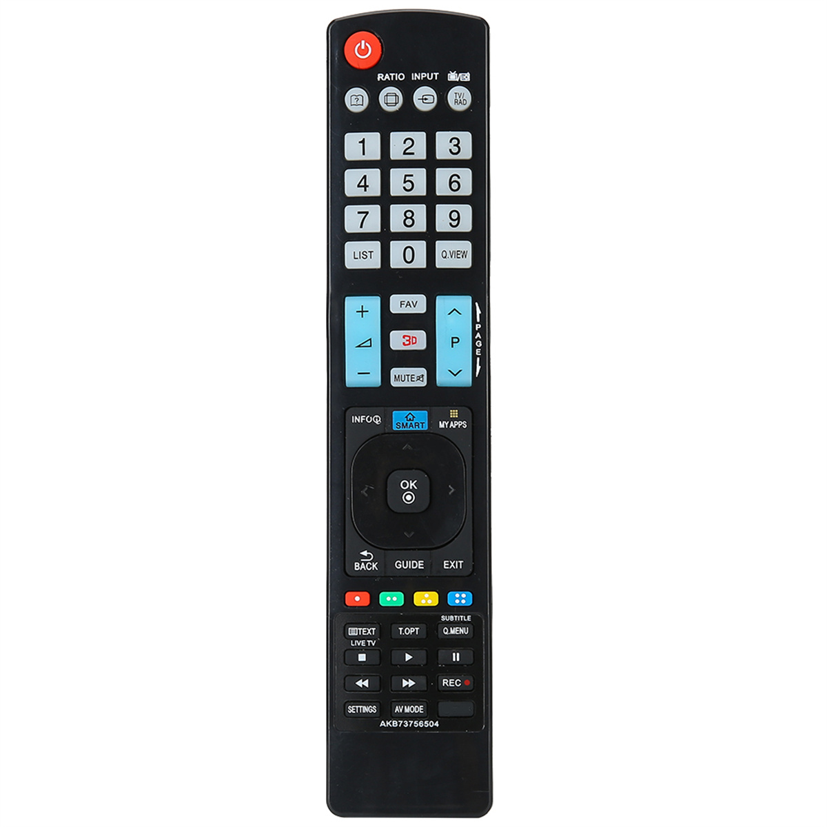Schwarze TV-Fernbedienung mit vielen Tasten. Hat eine rote Ein-/Aus-Taste.