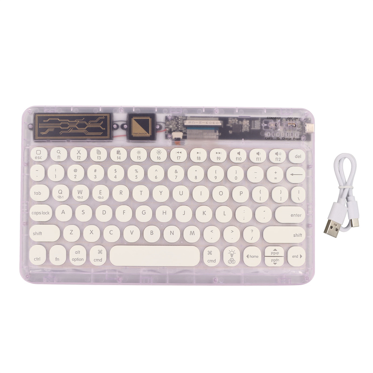 Eine durchsichtige Tastatur mit weißen Tasten und einem weißen USB-Kabel auf weißem Hintergrund.