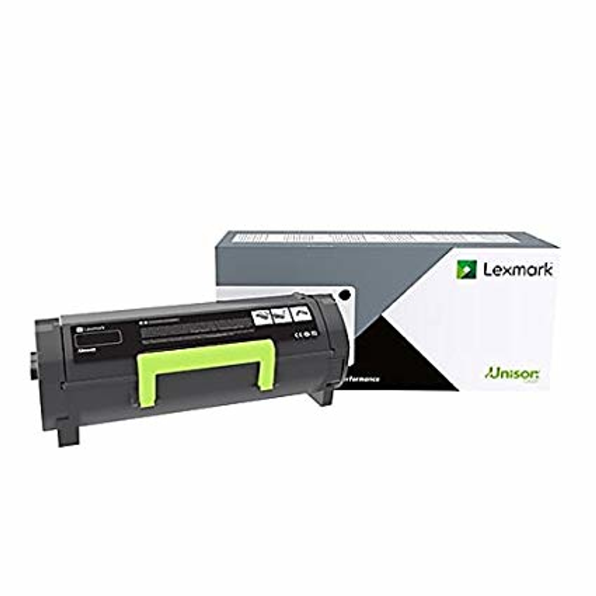 Eine Lexmark-Drucker-Tonerkartusche mit grünem Griff und ihre Box. Der Hintergrund ist weiß.