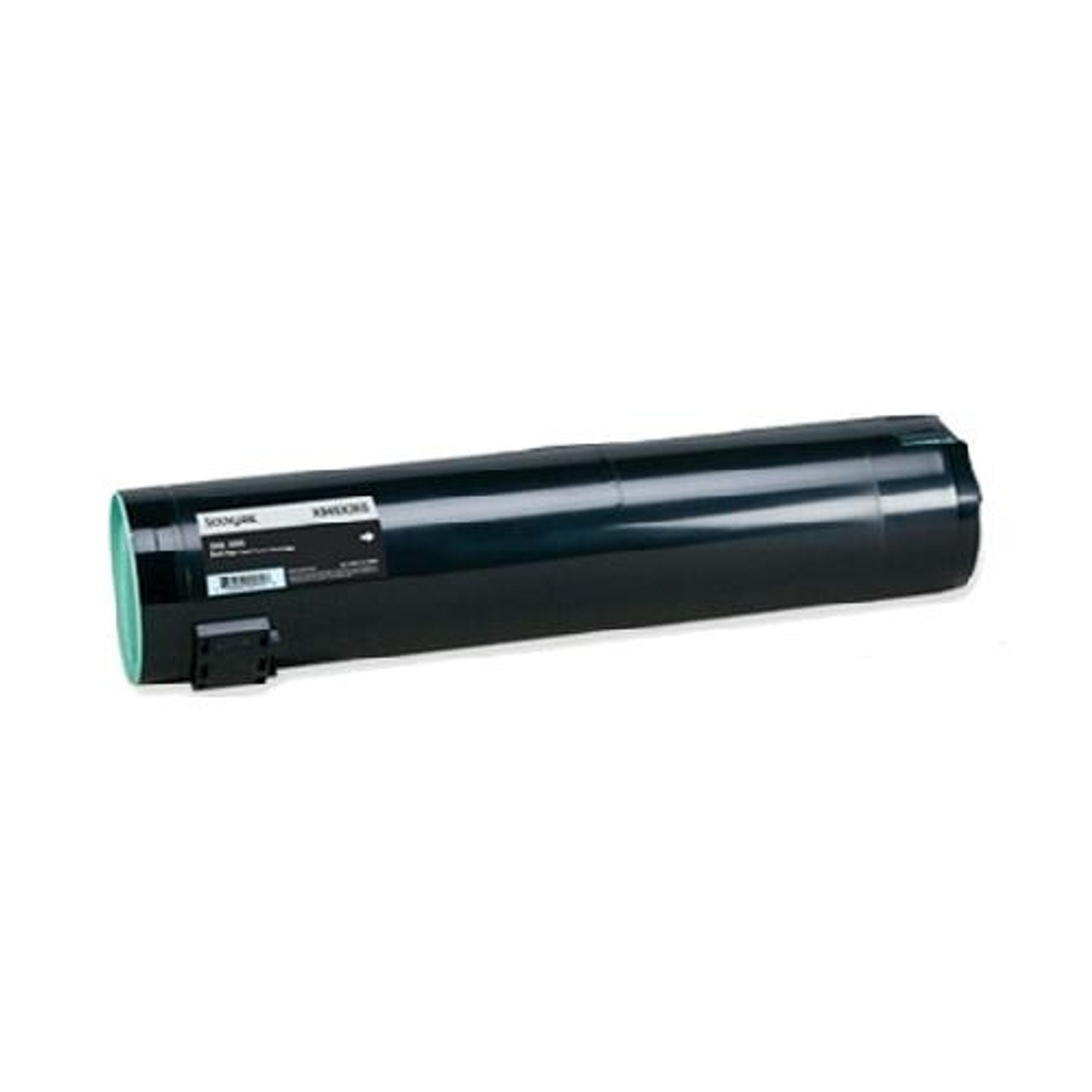 Cartuccia toner per stampante nera su sfondo bianco, tappo verde.