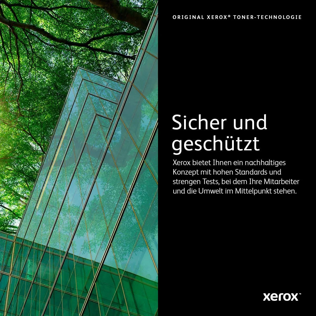 Szklany budynek z odbiciami drzew, tekst: Bezpieczny i chroniony, Xerox.